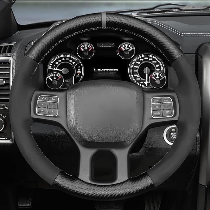 MEWANT Hand Stitch Black Matte PU Carbon Fiber Suede Steering Wheel Cover for Dodge RAM 1500 1500 Classic 2500 3500