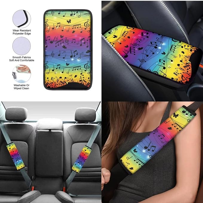 Mumeson 8 Pack Auto Accessories Set Music Note Car Seat Covers Full Set with Seat Belt Pads Shoulder Cushion + Steering Wheel Cover + Armrest Cushion for Car Universal Size Car Accessories