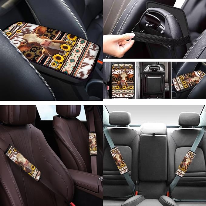 Aztec Cow 12 Pack Car Seat Covers Full Set with Steering Wheel Cover Arm Rest Cover Car Cup Coasters Auto Seat Belt Cover Easy to Install Universal Fit for Vehicles,Cars,Suvs