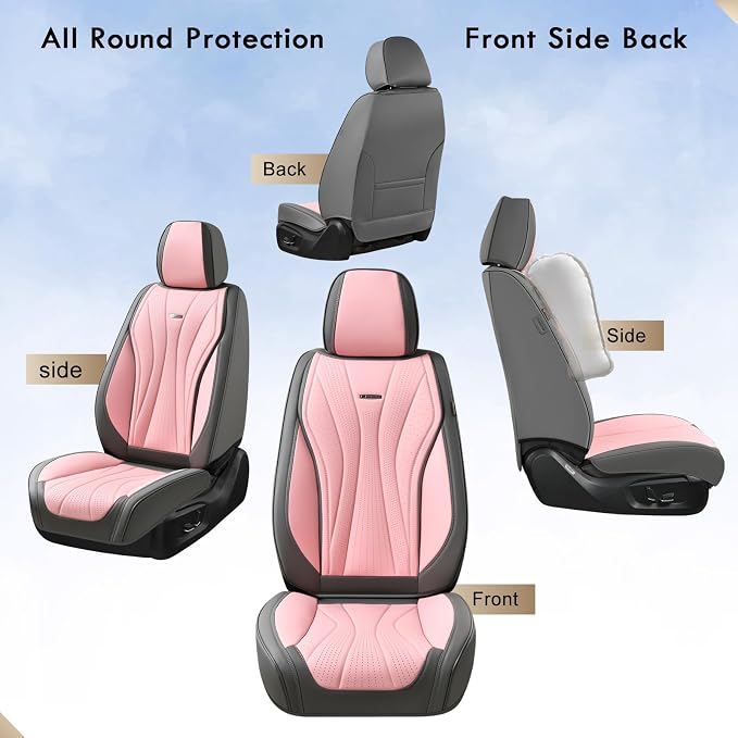 Coverado Car Seat Covers Full Set, Universal Seat Cover for Cars, Luxury Faux Leather Seat Covers, Car Seat Protector Waterproof, Automotive Seat Cover, Car Seat Cushions Fit for Most Cars (Gray&Pink)