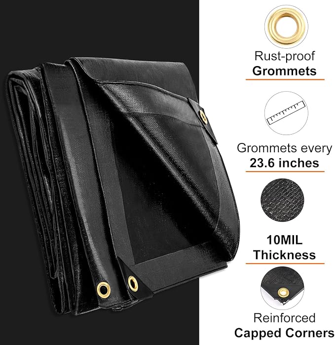 Tarp 10x20FT, 10 Mil, Heavy Duty Waterproof Tarps with Grommets Every 23.6", 420D Thick Plastic Tarp, UV Resistant, Tear & Fade Resistant, Reinforced Edges for Outdoor Pool, Camp, Tent