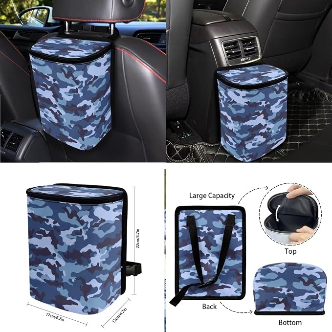 Blue Camo Pattern Auto Accessories Set of 10, Front and Rear Seat Covers Full Set, Steering Wheel Cover, Air Vent Storage Bag, Keychain, Car Trash Can, Cup Holders Car Interior Decor