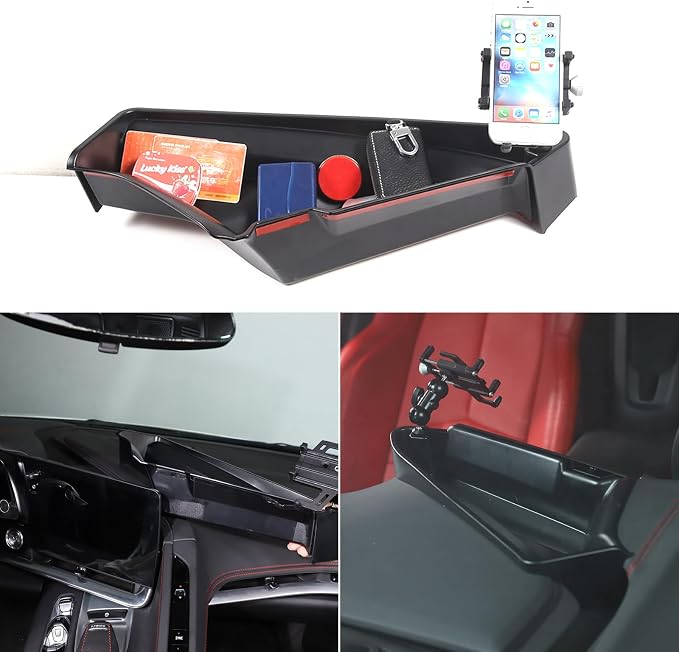 TOYCIDFG Dashboard Storage Tray Behind Navigation Screen with Phone Holder for Corvette C8 Stingray 2020-2026, Center Console Car Organizer Tray Interior Accessories (Type B)