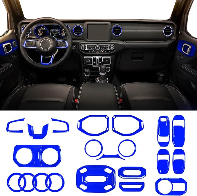 21PCS Full Set Interior Decoration Trim Kit Compatible with Jeep Wrangler JL JLU & Gladiator JT 2018-2021,Steering Wheel,Reading Light,Air Conditioning Vent,Headlight Switch,Speaker Covers(Blue)