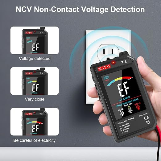 NJTY T3 Smart Digital Multimeter, Ultra-Thin Rechargeable Voltmeter with 3.2" Color LCD, Auto-Ranging 600V AC/DC Tester for Resistance NCV Live Wire Detection