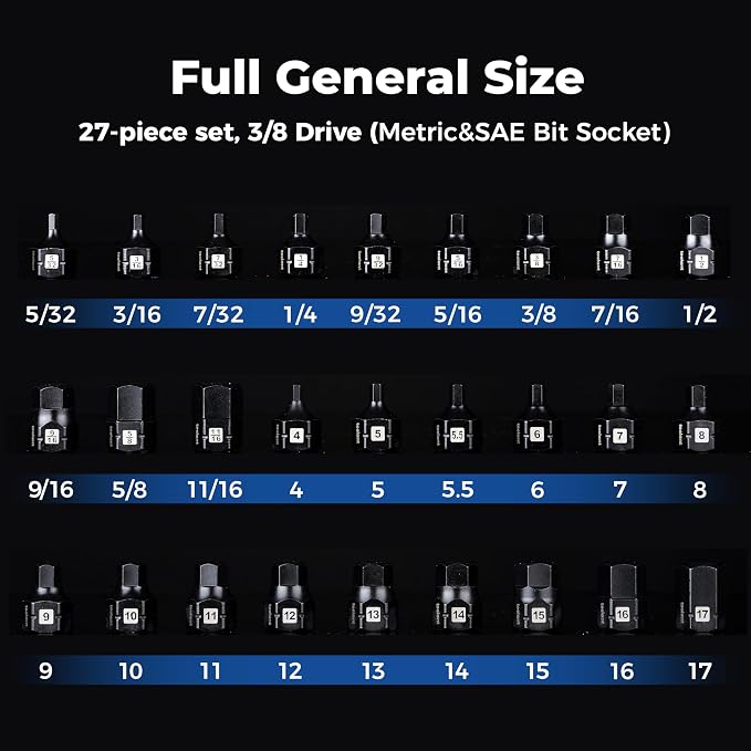 toolant 3/8"drive impact hex bit socket set 27PCS,Hex Drive, SAE/Metric, 5/32"-11/16",4mm-17mm, S2 Steel Air Drive Allen Socket set,Impact Grade，Anti-Roll Design