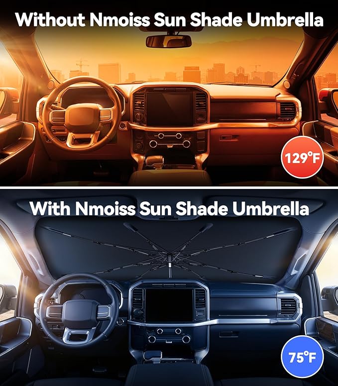 [2026 Upgraded] Nmoiss Windshield Sun Shade Umbrella for Ford F150 F250 F350 & Explorer - [Vinyl Coating Heat Shield] Protect Car from Sun Rays & Heat Damage Keep Cool and Protect Interior