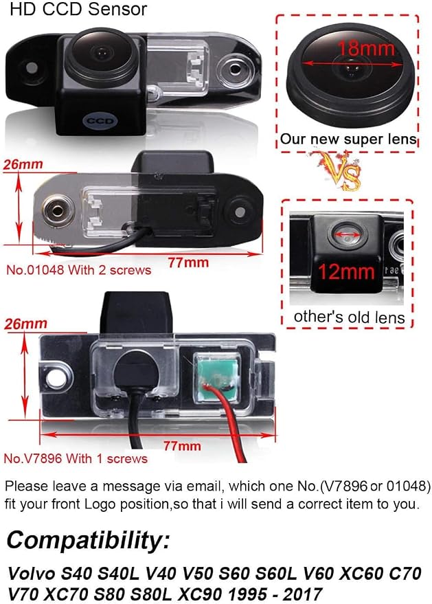 Vehicle Backup Cameras,Waterproof Night Vision Rear View Reverse Camera Replacement for Volvo S40 S40L V40 V50 S60 S60L V60 XC60 C70 V70 XC70 S80 S80L XC90 1995-2017(No.V7896 with 1 Screw)