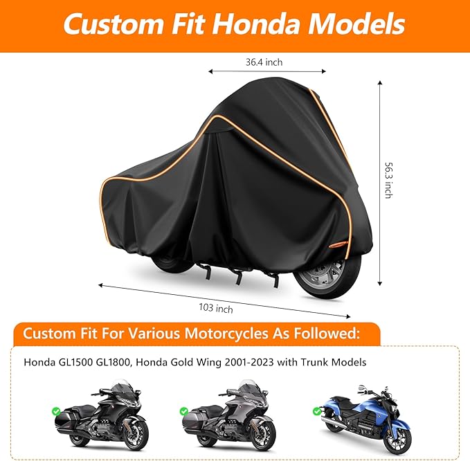 Motorcycle Cover for Honda GL1500 GL1800, Honda Gold Wing 2001-2023 with Side Trunk, All Weather Outdoor Black Protective Cover with Reflective Strips,Vent Holes and Lock Holes (Without top Box)