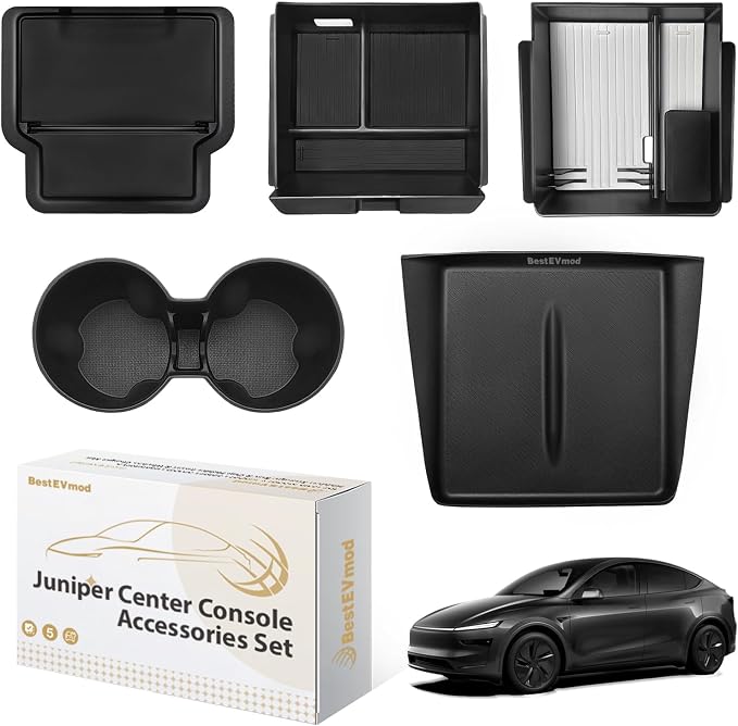 BestEvMod 5PCS Center Console Organizer Compatible with 2026 2025 Tesla New Model Y Juniper Accessories ABS Slide Smoothly Cup Holder Insert Wireless Charger Mat Silicone (Black) Not fit Standard