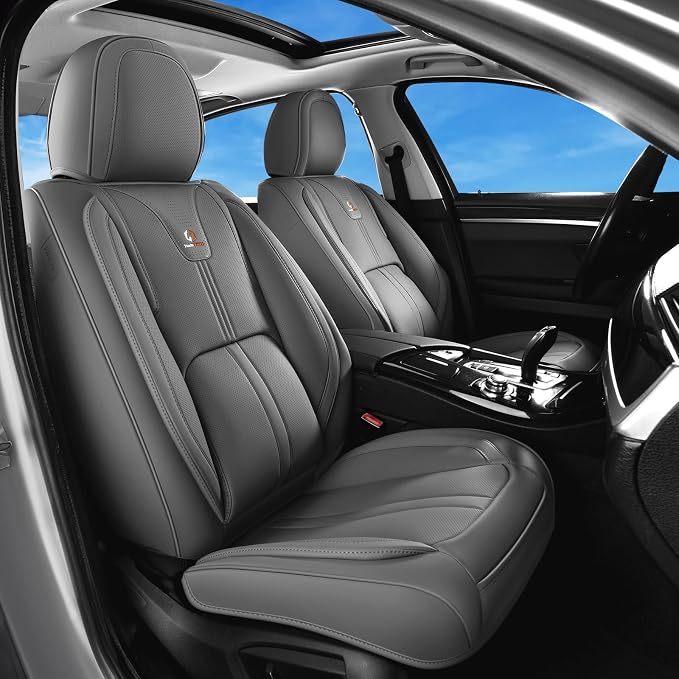 Huidasource Gray Front Seat Covers Luxury Nappa Leather, Front Car Seat Covers with Airbag, Front Storage Pocket, Lumbar Support, Cooling＆Heating, Universal Fit for Most Cars SUV Trucks, Gray