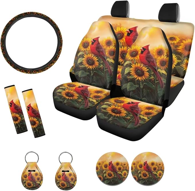 Suobstales Cardinal Sunflower Print Car Accessories Seat Covers for Cars for Women Full Set with Steering Wheel Cover + Seat Belt Covers Shoulder Pads + Coasters + Keychains Interior Cover Set of 11