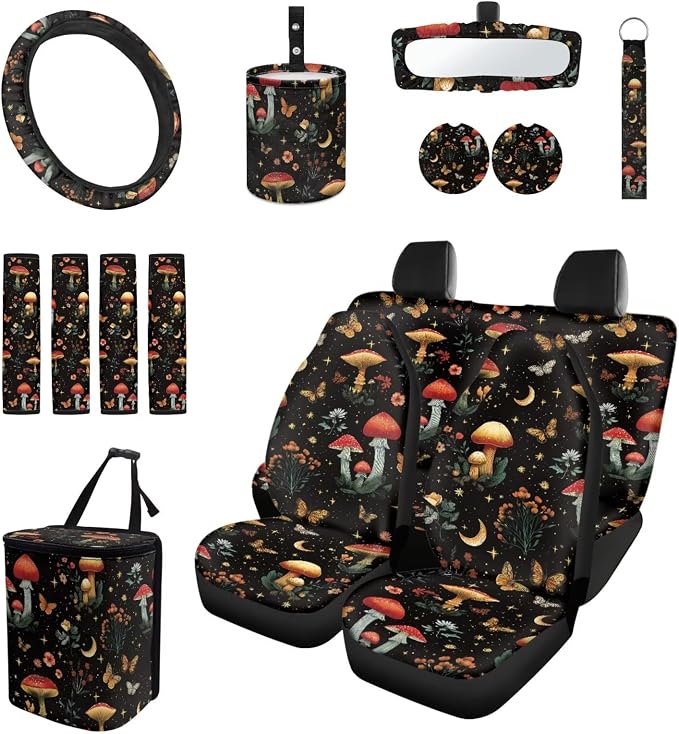 Moon Mushroom Car Seat Covers Set of 15 with Universal Steering Wheel Cover, Rearview Mirror Cover, Car Trash Can, Seatbelt Pads, Cup Holder Coasters, Keychains