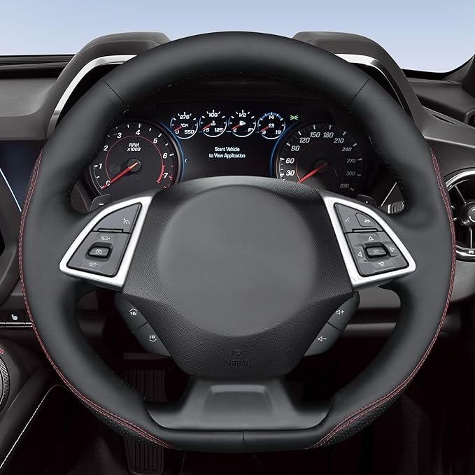 MEWANT Hand Stitch Steering Wheel Cover for Chevy Camaro 2016-2025 Custom Black Microfiber Leather Interior DIY Wrap Restoration Kit Anti-Slip Breathable Protector