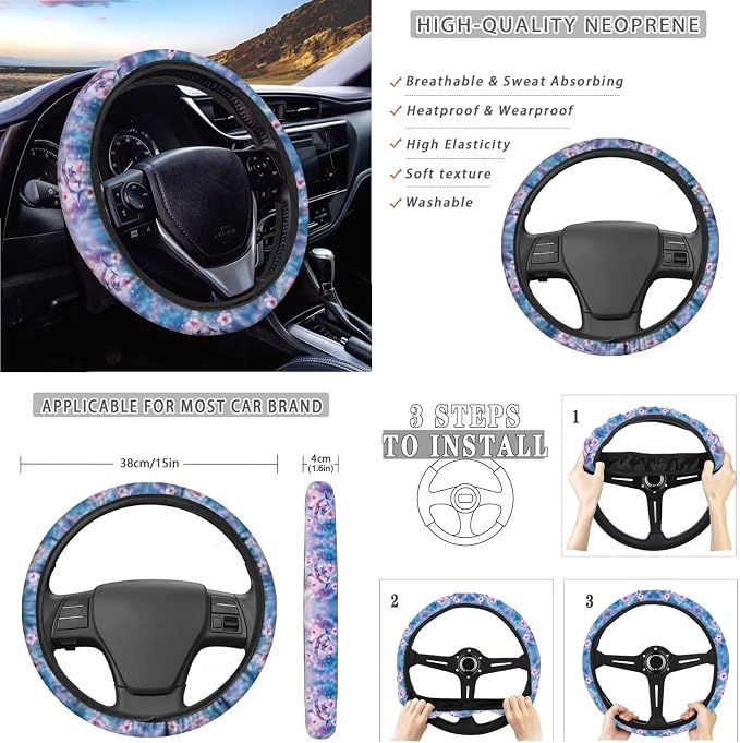 Suobstales Dolphin Hibiscus Print Car Seat Covers Front Back Split Bench Protector for SUV Truck Van, 15 Inch Steering Wheel Covers, Seat Belt Covers, Coasters, Keychain Auto Decor for Women Men