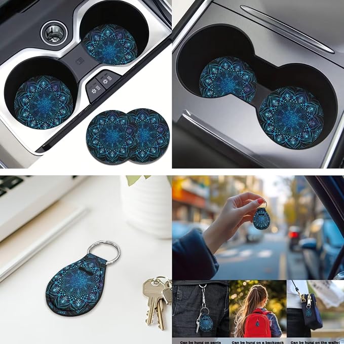 Blue Mandala Car Seat Covers Full Set 12 Pack Steering Wheel Cover Center Console Cover Cars Coasters Car Seat Belt Cover Universal Fit Automotive Most Cars