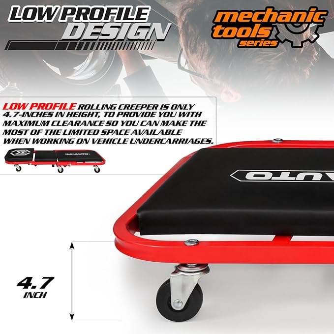 M-AUTO Foldable Z Creeper 2-in-1 Rolling Folding Car Creeper & Seat, 36" Adjustable Roller Garage Chair Lay Down or Sit, 330LBS Capacity Under Car Roller Creeper with 6 Swivel Casters, Red