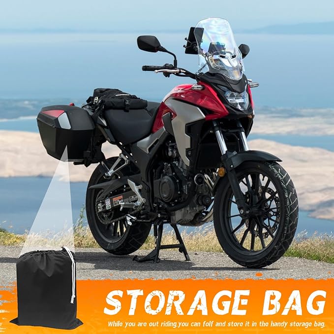Motorcycle Cover Waterproof All Season Outdoor Protection, Fits up to 104 Inch, Compatible with Cruisers & Touring Models, with Locking Holes & Reflective Strips (Black&Silver)