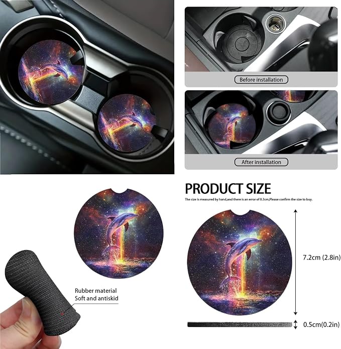 Dolphin Sea Galaxy Print 15 PCS Auto Interior Sets with Front and Rear Seat Covers, Steering Wheel Cover, Seat Strap Pads, Trash Can, Coasters Keychain and Air Vent Storage Bag