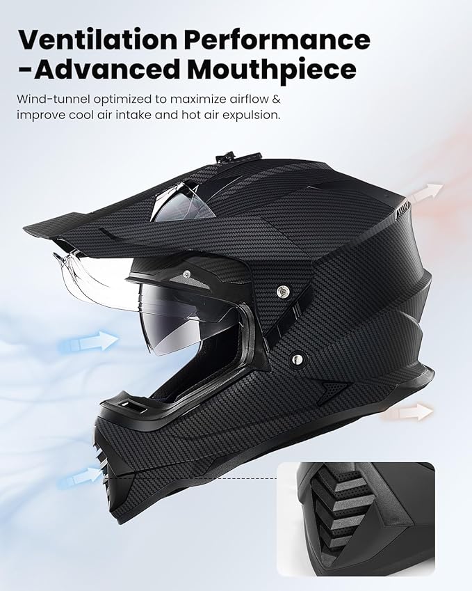 ILM Dual Sport Adventure Motorcycle Helmet with Pinlock Compatible Sun Visor Snowmobile ATV Dirt Bike Off Road Casco Model WS902 (Carbon Fiber, S)