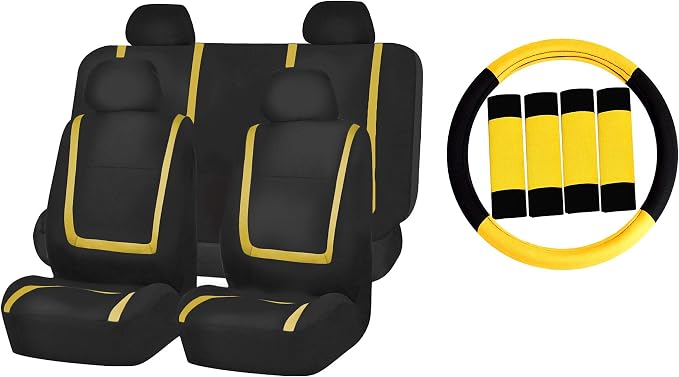 FH Group Automotive Seat Car Covers Unique Flat Cloth Yellow Full Set, Combo Steering Wheel Cover and Seat Belt Pads Rear Solid Bench Universal Fit for Vans Cars Trucks and SUV Interior Accessories