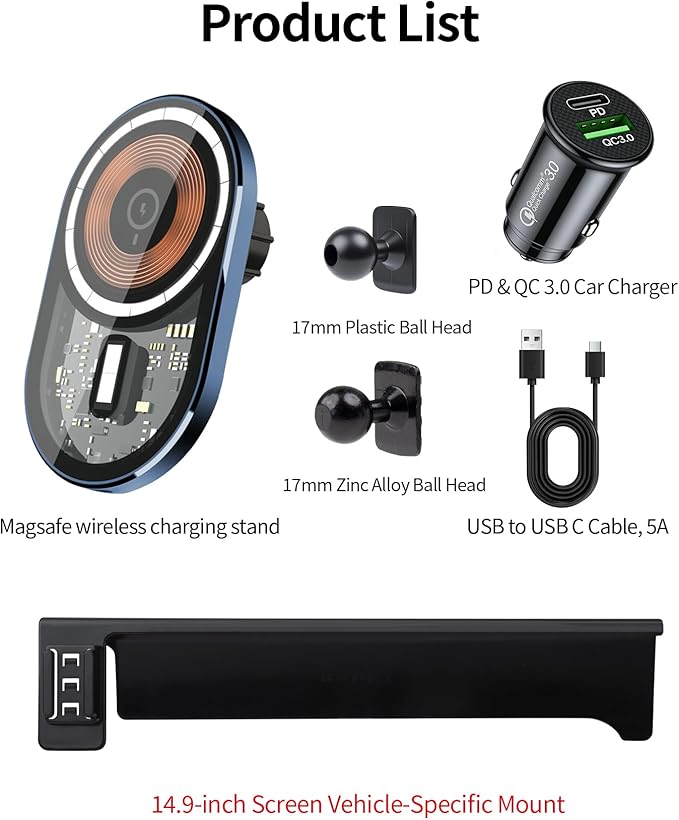 Wireless Charging Car Phone Holder for BMW 3 Series 2023-2026 / 4 Series 2024-2026 / 2 Series 2025-2026 / i4 2022-2026, 14.9" Screen Fixed Clip, 360° Rotation Car Phone Mount Compatible with MagSafe
