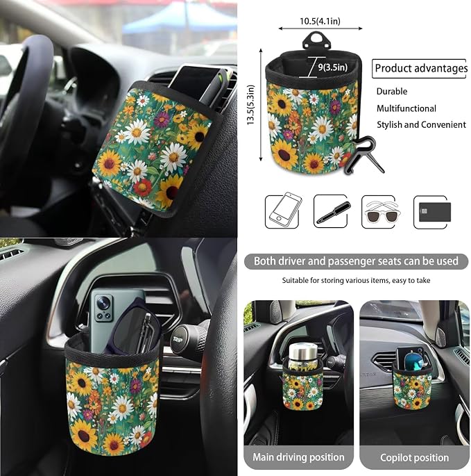 Oil Painting Sunflower Daisy Pattern Car Seat Covers Full Set Steering Wheel Cover Trash Can Air Vent Storage Bag Seatbelt Covers Rearview Mirror Cover Cup Coasters 15pcs Car Interior