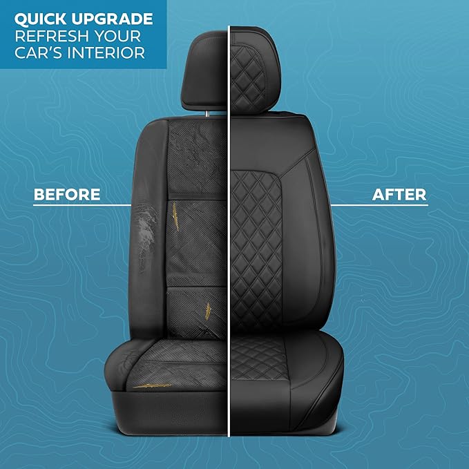 MotorBox Prestige Edition Faux Leather Seat Covers for Cars, Trucks, & SUV - 2 Black Car Seat Covers for Front Seats - Universal Fit Car Accessories Automotive Interior Protector for Most Vehicles
