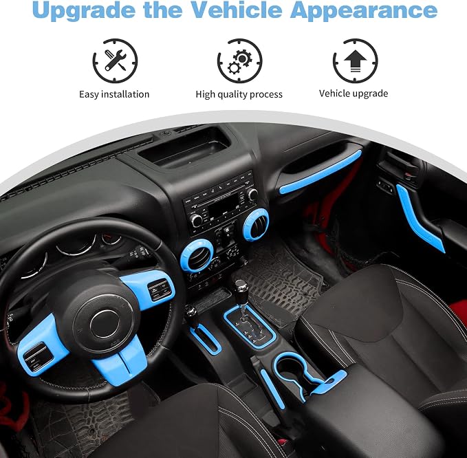 CheroCar 18PCS Interior Trim Kit for Jeep Wrangler JK JKU 2011-2018 4 Door,Steering Button Frame, Air Conditioning Vent Trim Cup Holder Cover,Gear Shift Knobs Frame,Ligth Blue…