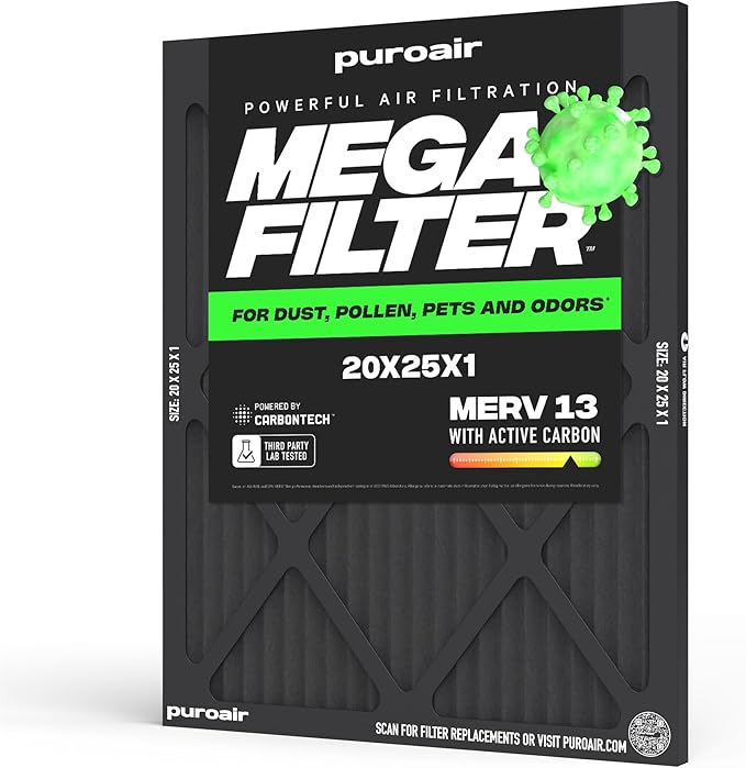 PuroAir MegaFilter - 20x25x1 Air Filter MERV 13 Activated CarbonTech Defense - Heavy Duty 3 Layer Furnace Filters Allergens, Pollen, Dust, Pet Dander, Smoke, Odors - HVAC Air Filter 20x25x1 (1-Pack)