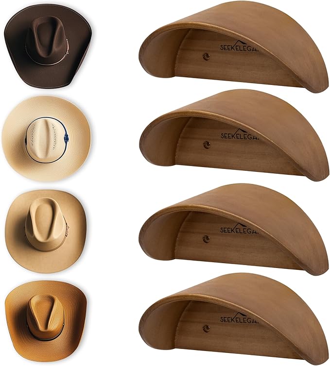 Cowboy Hat Rack for Wall, 4 Pack Hat Hooks with Non-Damage Brim Design, Rustic Wood Hats Hanger to Keep Original Shape of Hats, Hat Holder for Home, Closet, Entryway, Cabin, Western Room(Natural Wood)