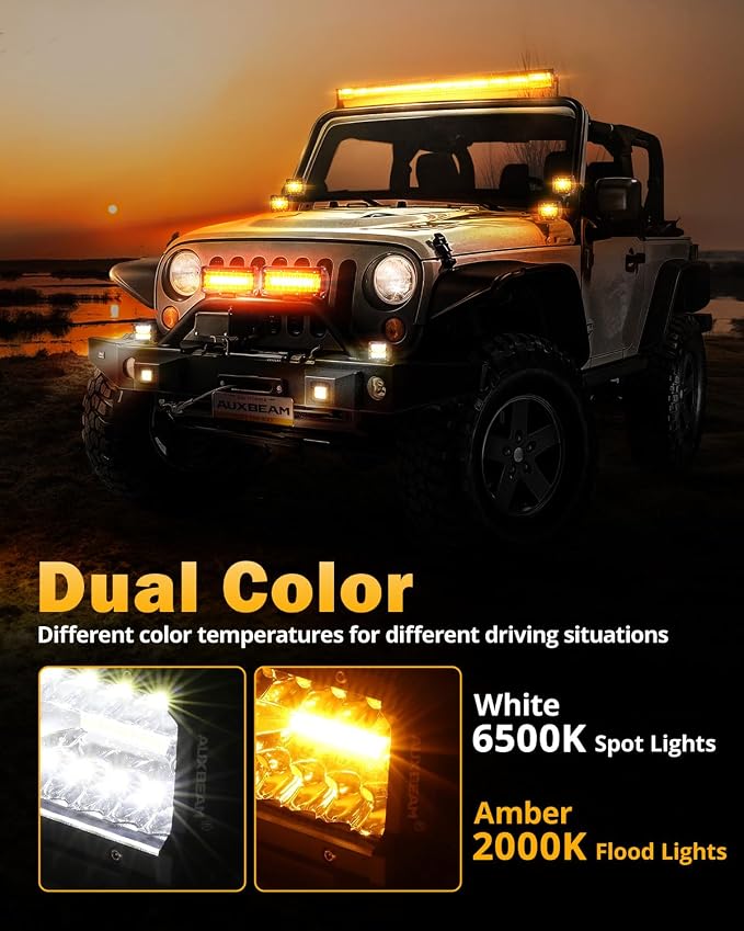 Auxbeam 4-Inch 120W Flashing Strobe LED Pods Off-Road Fog Light Bars | 6 lighting modes series, Amber white dual colors, spot/flood combo, Memory reset function, A-pillar bumper grille mount
