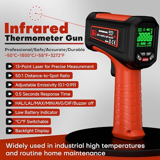 Infrared Thermometer Gun, -58°F to 3272°F, High Temp 50:1 | Built for Kilns, Furnaces & Industrial Maintenance • Fast 0.5s Response • Data Storage Function