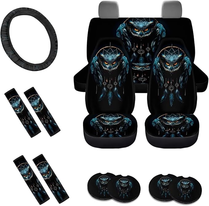 Owl Dreamcatcher Pattern Car Accessories Set of 13, Non Slip Car Seat Covers Full Set with Steering Wheel Cover, Safe Belt Shoulder Pad, Cup Coasters Universal Fit for SUV Sedan