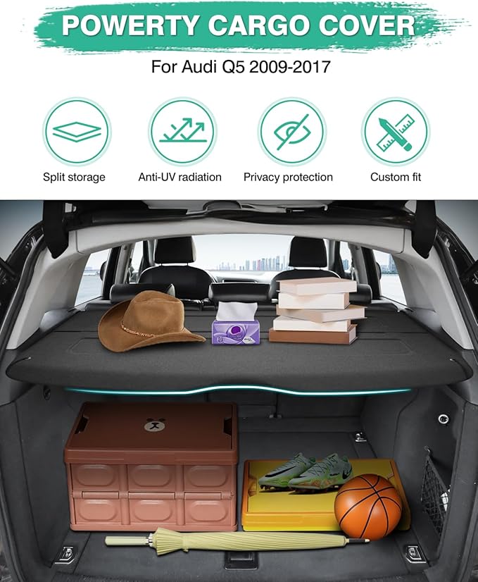 Powerty Cargo Cover for Audi Q5 2009-2017, Trunk Cover Privacy Screen Rear Security Shade Cover Cargo Board for Q5 Accessories(Can Withstand Load)