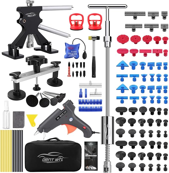 Professional Car Dent Repair Kit - 2-in-1 Slide Hammer T-Bar Bridge Puller with 100W Hot Glue Gun Rubber Hammer and 76 Tabs - for Auto Body Paintless Removal on Vehicles Appliances and Metal Surfaces