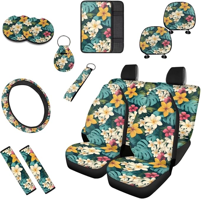 Plumeria 13 Pcs Car Seat Covers Full Set, Tropical Monstera Auto Front and Rear Bench Seat Protector, Hawaii Island Plants Steering Wheel Sleeve Auto Armrest Cover