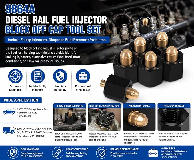 Bonbo 9864A 9864 Diesel Rail Fuel Injector Block Off Cap Tool Set, Fuel Pressure Test Adapter Kit for 2007-2018 Dodge Ram Cummins 6.7L, and 2006-2010 GMC Chevy Duramax 6.6L LBZ LMM, 6-PCS Set
