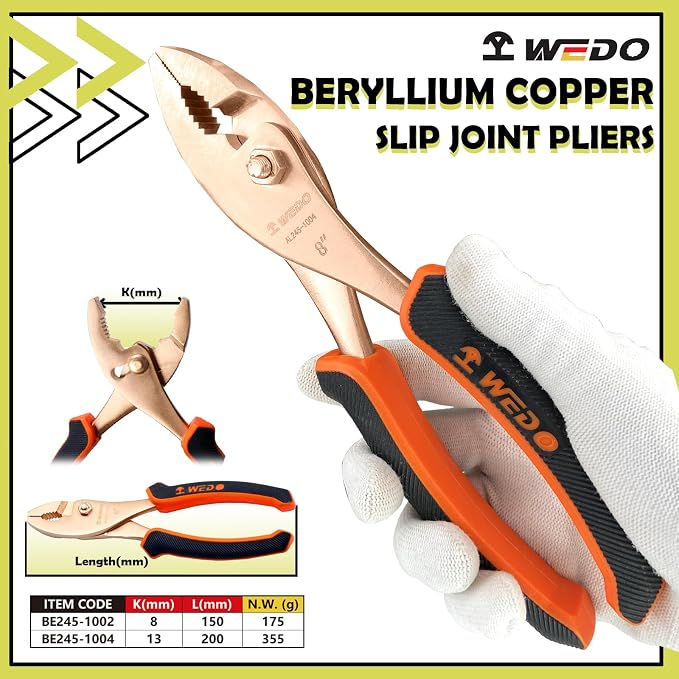 WEDO Non-Sparking Adjustable Combination Pliers 8", Spark-free Safety Slip Joint Pliers, Non-Magnetic, DIN Standard, BAM & FM Certificate, Opening Max 13mm, Beryllium Copper