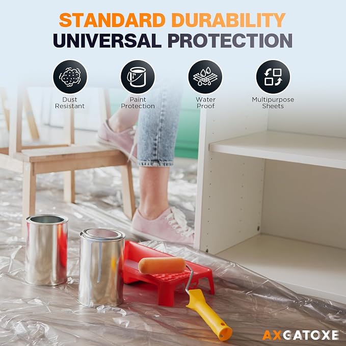 12 x 9 Ft Plastic Drop Cloths (3-Pack) - Disposable Painter's Sheeting & Tarps for Painting, Waterproof Furniture/Couch/Floor Protection