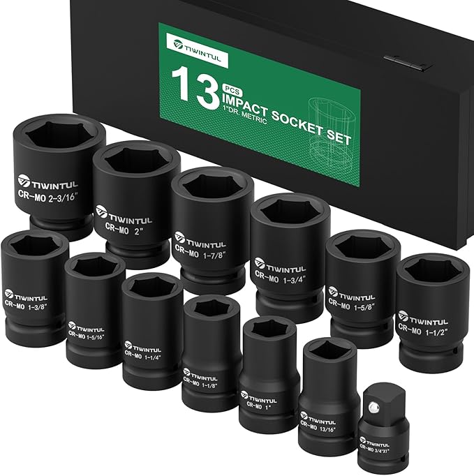 1 Inch Drive Impact Socket Set, SAE, 6 Point,13pcs Large Socket Set(1”- 2-3/16”), 42 CR-Mo Jumbo Impact Socket Kit with 3/4"F x 1"M Adapter & 13/16"Socket, for Truck & Equipment Repair