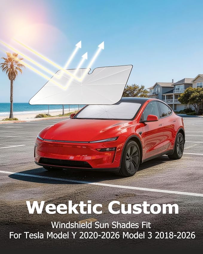 Weektic Windshield Sun Shade Umbrella for Tesla Model 3/ Model Y 2018-2026, Double Thickened Ice Crystal Coating, Sun & Heat Protection, Keep Vehicle Cool & Protect Interior