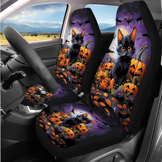 Black Cat Pumpkins Print Car Seat Covers Full Set with Car Steering Wheel Cover, Auto Armrest Pad Protector, Auto Seat Belt Pads, Automotive Halloween Decorations