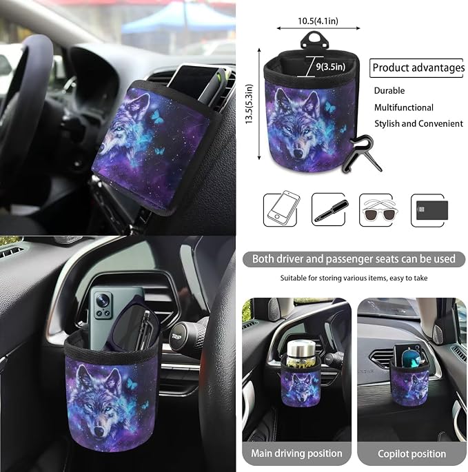 Wanyint Galaxy Wolf Butterfly 15 PCS Car Seat Cover Full Set with Steering Wheel Cover Seat Belt Strap Pads Cup Coasters Trash Bag Air Vent Storage Bag Rearview Mirror Cover Keychain Auto Decoration