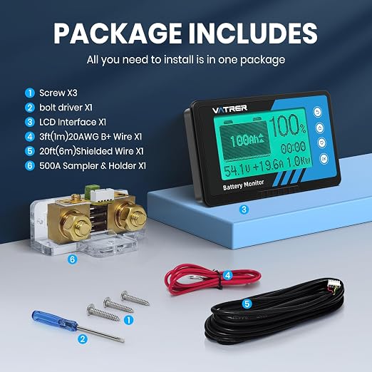 500A Battery Monitor with Shunt, Range 8V-120V up to 500A, Lithium LiFePO4 Lead Acid Battery Capacity Meter for RV Motorcycle Golf Cart Solar Panel with LCD Backlight Screen Buzzer Alarm