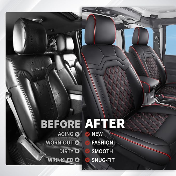 Huidasource Front Seat Covers for Jeep Wrangler JK 2007-2017, Waterproof Leather 2Pcs Front Seat Protector for Wrangler JK 2 Door/4 Door Sport Rubicon Sahara (Front Pair/Black&Red)