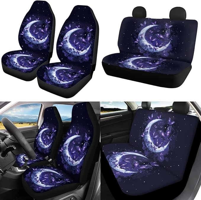 POLERO Moon Butterfly Car Accessories Car Seat Protector for Women Floral Steering Wheel Cover Seatbelt Covers Cup Holder Coasters Aesthetic Full Set 11pcs