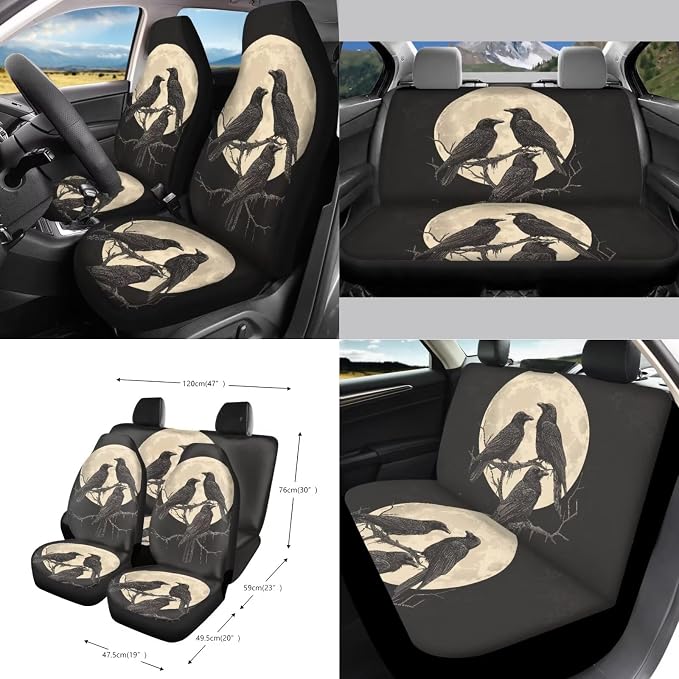 Crow Moon Pattern Auto Accessories Set of 15, Car Seat Cover Steering Wheel Cover Seat Belt Cover Air Vent Storage Bag Keychain Trash Bin and Mirror Cover
