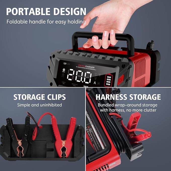 20 Amp Battery Charger 12V/24V Lithium LiFePO4 Lead Acid Fully Automatic Battery Maintainer, Car Battery Trickle Charger w/Overcharge Protection Repair for AGM, Deep Cycle Battery