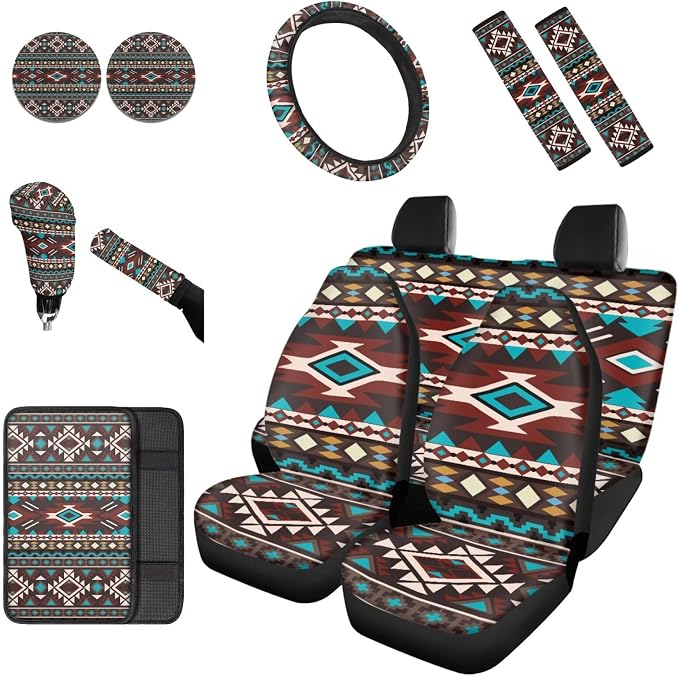 Dreaweet Tribal Navajo Print Car Seat Covers Full Set Southwestern Car Accessories 12 Piece with Steering Wheel Cover Armrest Covers Seat Belt Pads Cup Holders Gear Shift Handbrake Cover,Universal Fit